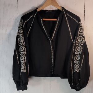 Zara Black Blouse with Cream Embroidered Sleeves